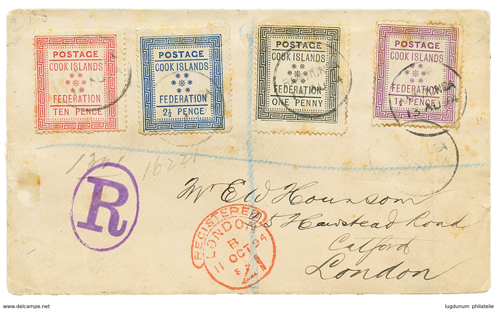 1894 COOK ISLANDS 1d+ 1 1/2d+ 2 1/2d + 10d Canc. RAROTONGA On REGISTERED Envelope To LONDON. Vf. - Cook