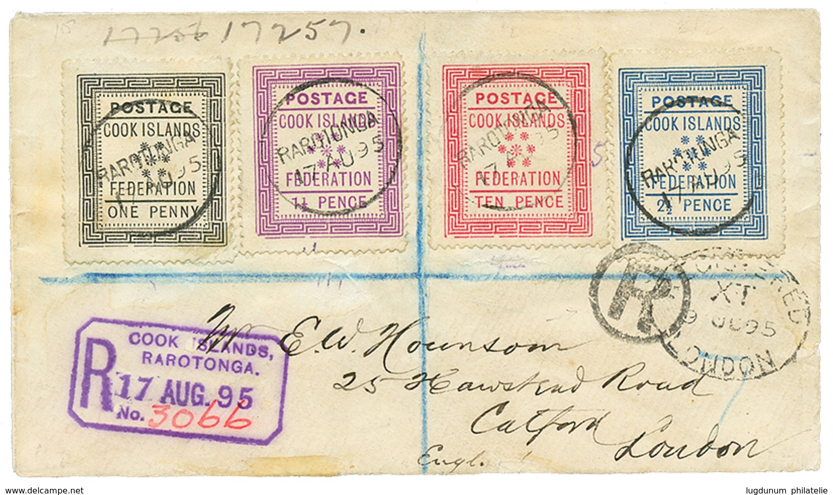 1895 1d + 1 1/2d+ 2 1/2d+ 10d Canc. RAROTONGA On REGISTERED Envelope ENGLAND. Vvf. - Cook