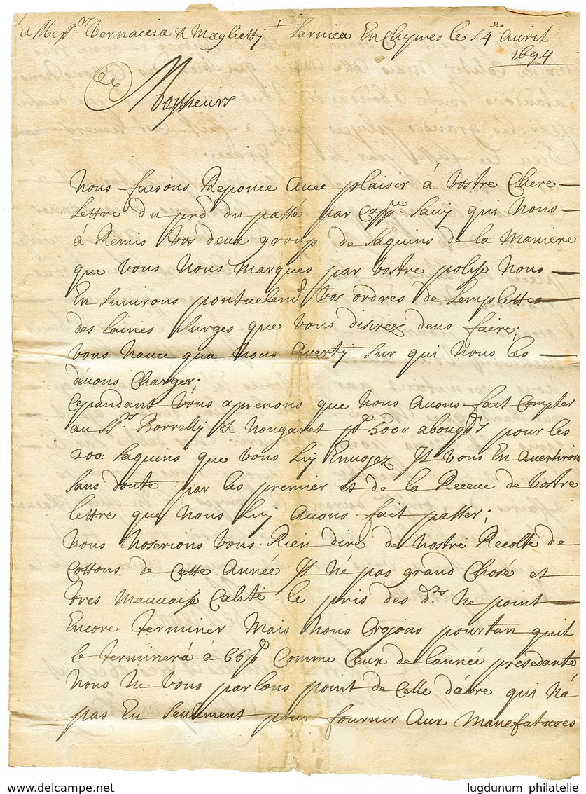 1694 "PAR VOIE DE SMYRNE" On Entire Letter Datelined "LARNACA CHYPRES" To LIVORNO (ITALY). Vvf. - Autres & Non Classés