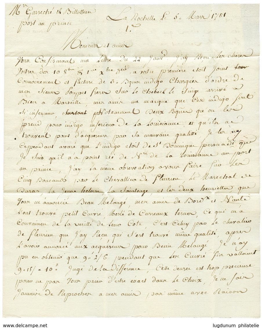 1781 CAP + "2e" Tax Marking On Entire Letter From LA ROCHELLE (FRANCE) To PORT AU PRINCE. Superb. - Haïti