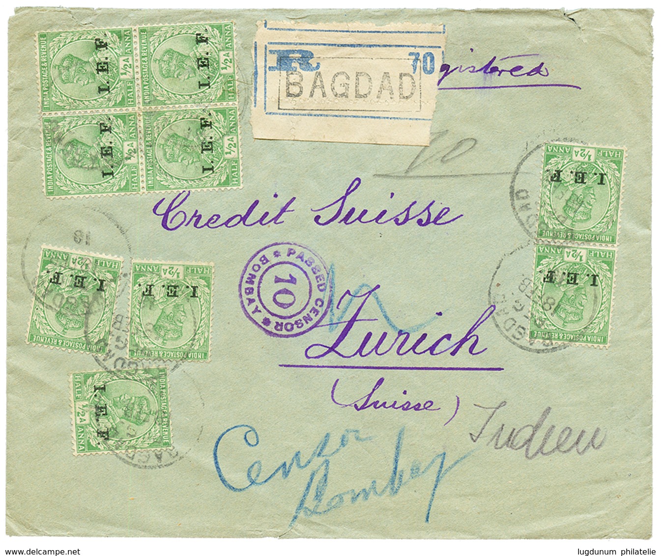 IRAK : 1918 INDIA I.E.F 1/2a (x9) Canc. BAGDAD + CENSOR On Registered Cover To SWITZERLAND. Vf. - Irak