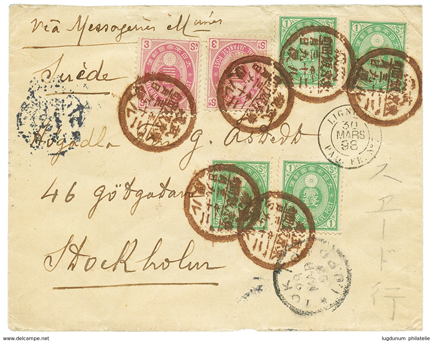 JAPAN To SWEDEN : 1898 1s (x4) + 3s (x2) + LIGNE N PAQ FR N°7 On Envelope To STOCKHOLM (SWEDEN). Vvf. - Other & Unclassified