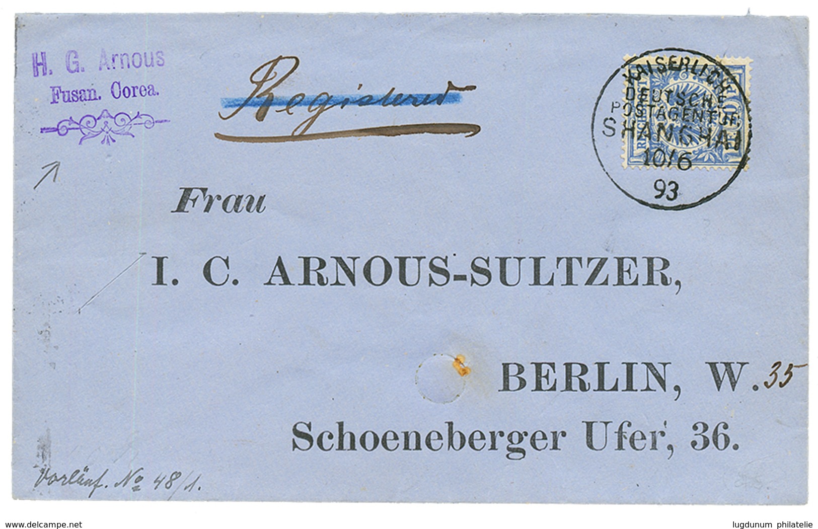 "FUSAN KOREA Via SHANGHAI CHINA " : 1893 GERMANY 20pf Canc. SHANGHAI On Envelope From FUSAN COREA To BERLIN. RARE. Super - Otros & Sin Clasificación
