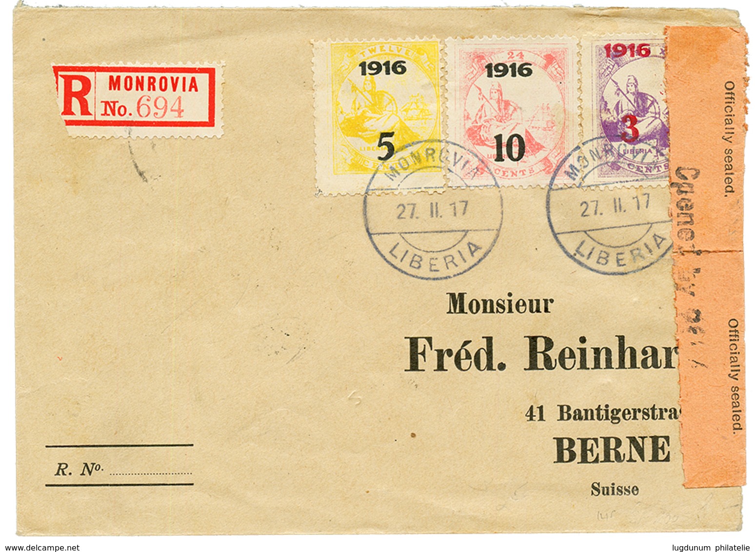 1917 3c+ 5c + 10c Canc. MONROVIA + Label OFFICIALLY SEALED On REGISTERED Cover To SWITZERLAND. Vvf. - Liberia