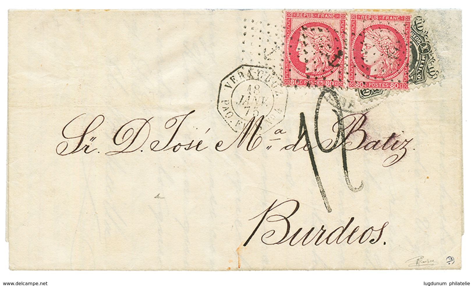 1875 MEXICO 10c Canc. PUEBLA + FRANCE 80c (x2) Canc. ANCHOR + VERA-CRUZ PAQ FR B N°4 On Entire Letter From PUEBLA To BOR - Mexique