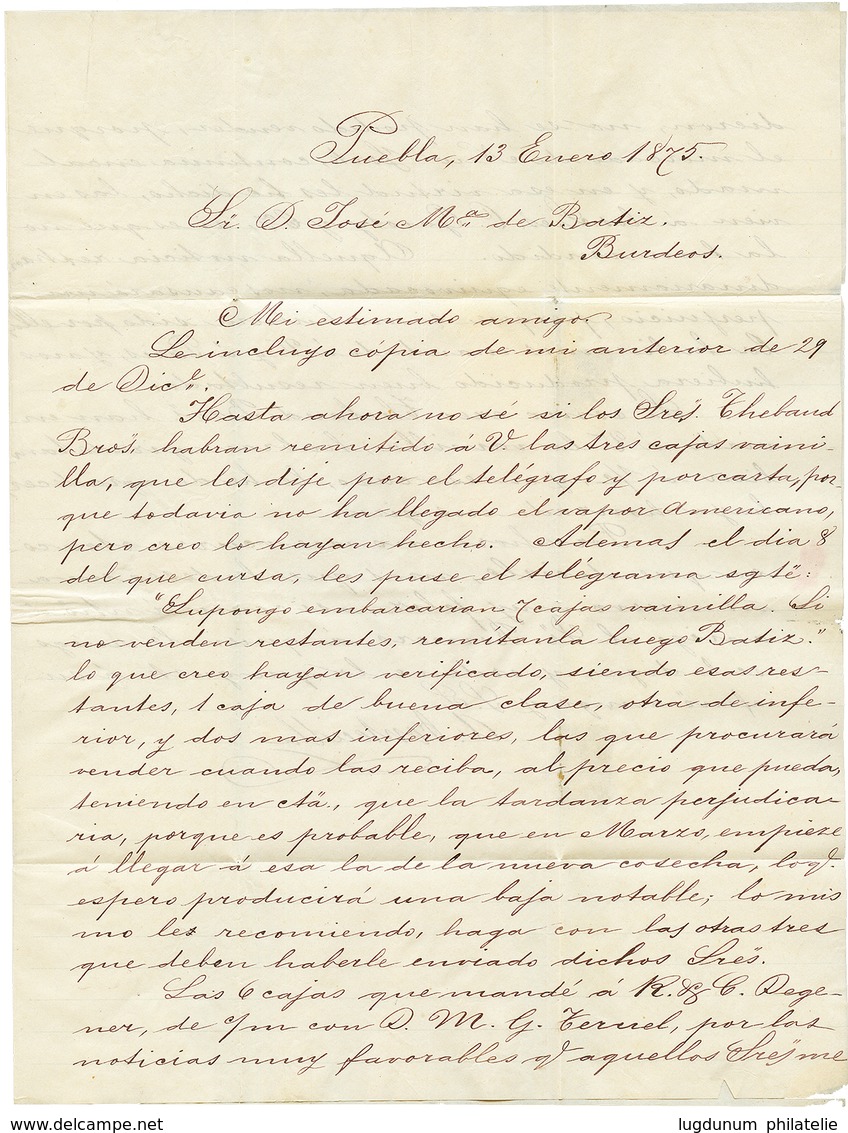 1875 MEXICO 10c Canc. PUEBLA + FRANCE 80c (x2) Canc. ANCHOR + VERA-CRUZ PAQ FR B N°4 On Entire Letter From PUEBLA To BOR - Mexico