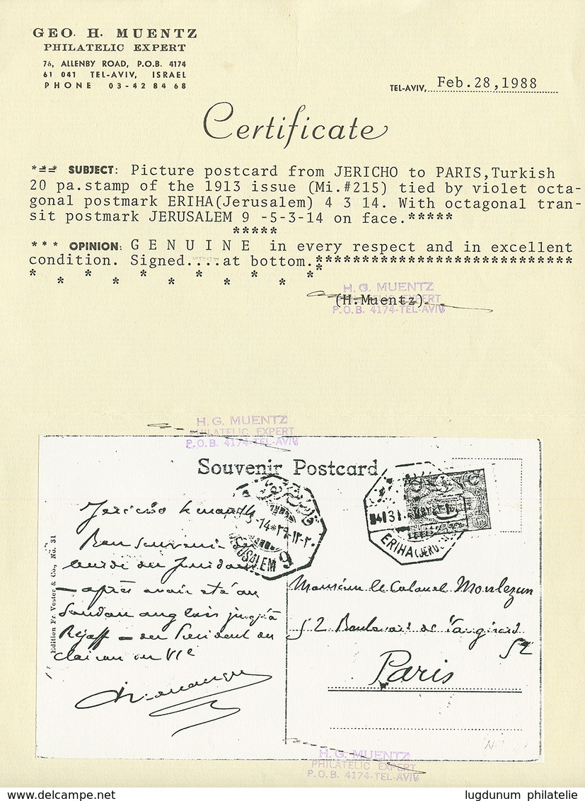 "ERIHA" : 1914 TURKEY 20p Canc. ERIHA (JERUSALEM) In Violet On Card To FRANCE. Very Scarce. MUENTZ Certificate (1988). S - Palestina