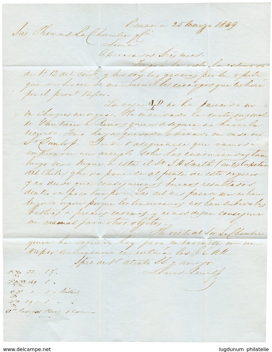 1849 PAID AT PANAMA + "2/-" Tax Marking On Entire Letter To LIMA PERU. Superb. - Panama