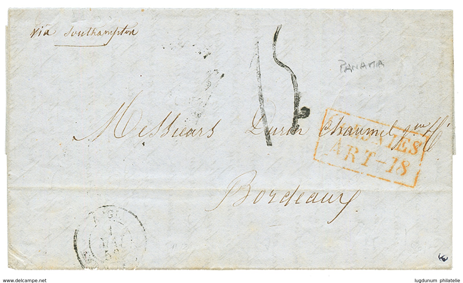 PANAMA : 1856 COLONIES ART-18 + "15" Tax Marking On Entire Letter Datelined "PANAMA" To FRANCE. Vvf. - Panama