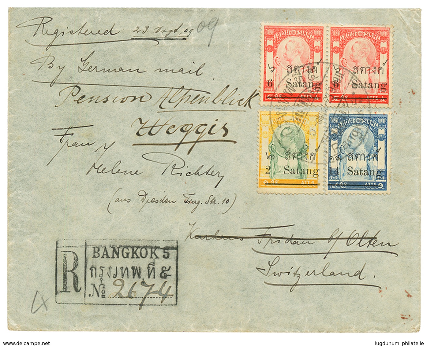 1909 Rare REGISTERED Envelope From BANGKOK To SWITZERLAND. Vf. - Thaïlande