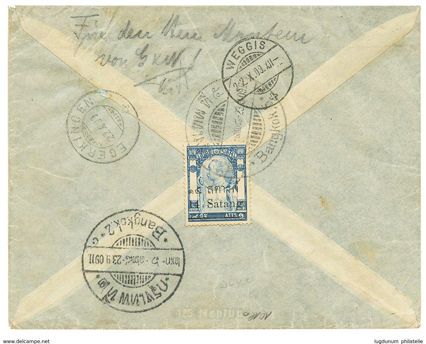 1909 Rare REGISTERED Envelope From BANGKOK To SWITZERLAND. Vf. - Thaïlande