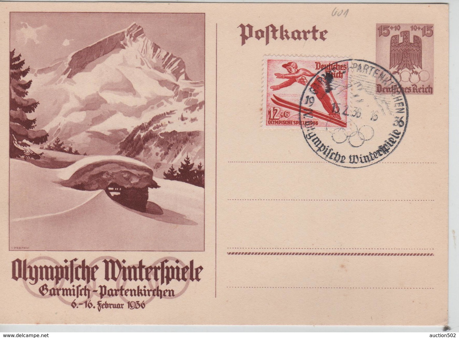 226PR/ Deutsches Reich Ganz.Pk Olympische Winterspiele 6-16 Februar 1936 + Uprated C.Garmisch-Partenkirchen 15/2/36 - Winter 1936: Garmisch-Partenkirchen