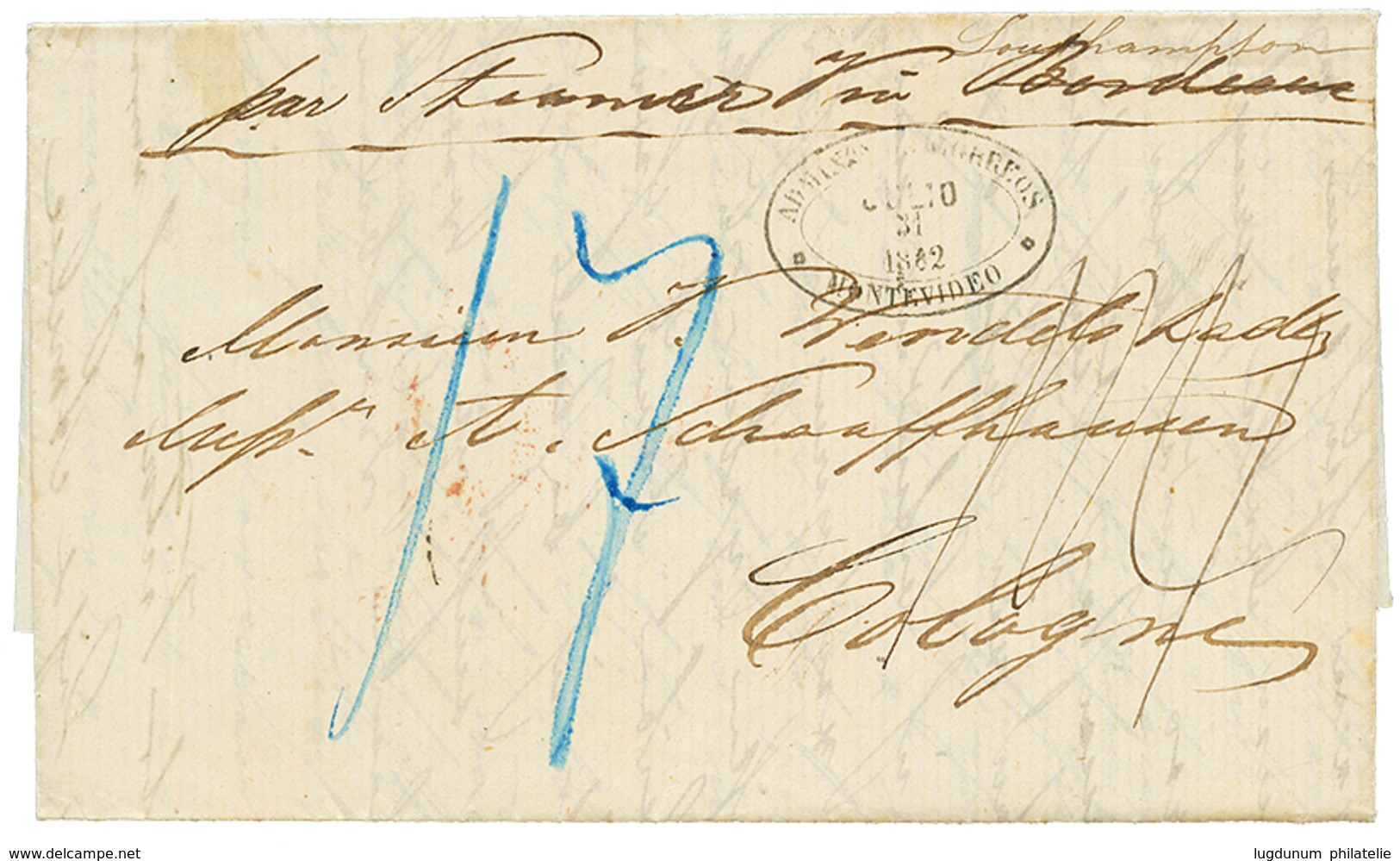 1862 "17" Tax Marking On Entire Letter From MONTEVIDEO To COLOGNE (GERMANY). Superb. - Uruguay