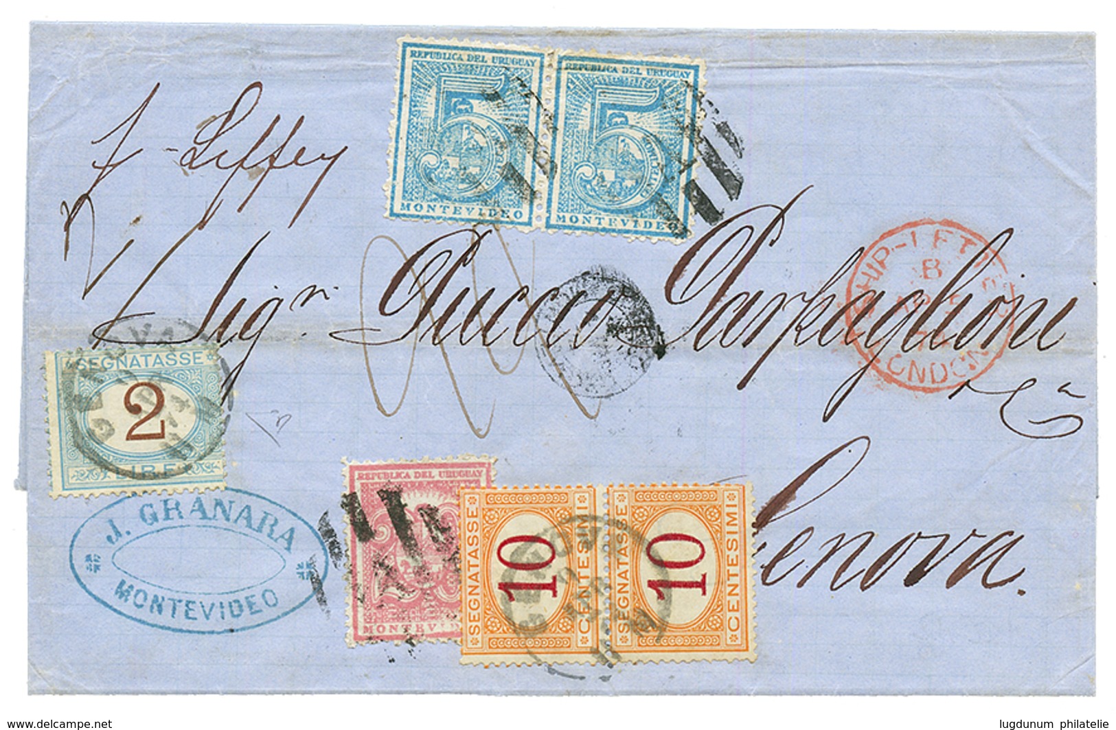 1874 URUGUAY Pair 5c + 20c + SHIP LETTER LONDON + "22" Tax Marking + ITALIAN POSTAGE DUES 10c(x2) + 2 LIRE Canc. GENOVA. - Uruguay