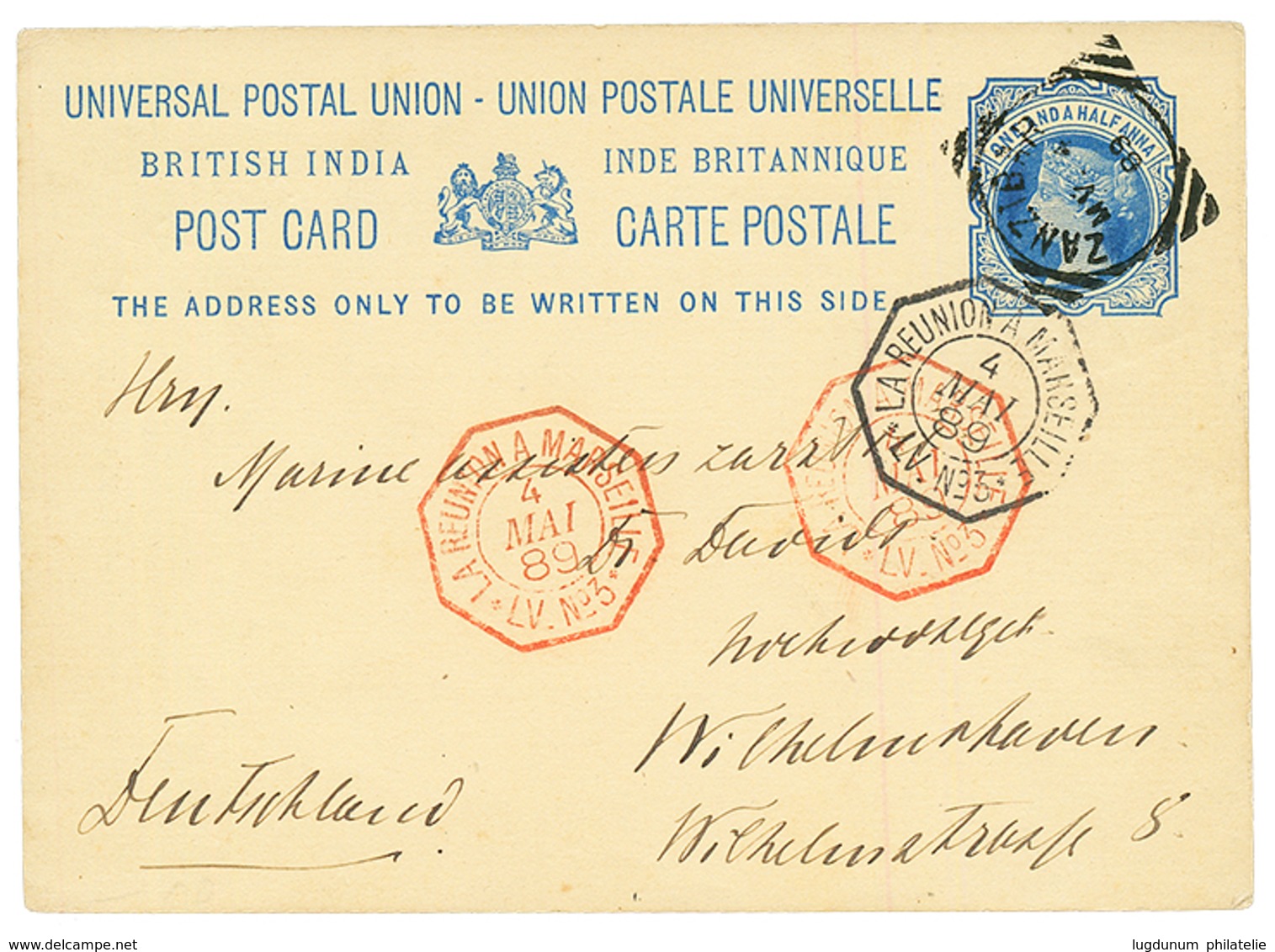 1889 INDIA P./Stat 1a 1/2a Canc. ZANZIBAR + LA REUNION A MARSEILLE In Red (scarce) To GERMANY. Superb. - Other & Unclassified