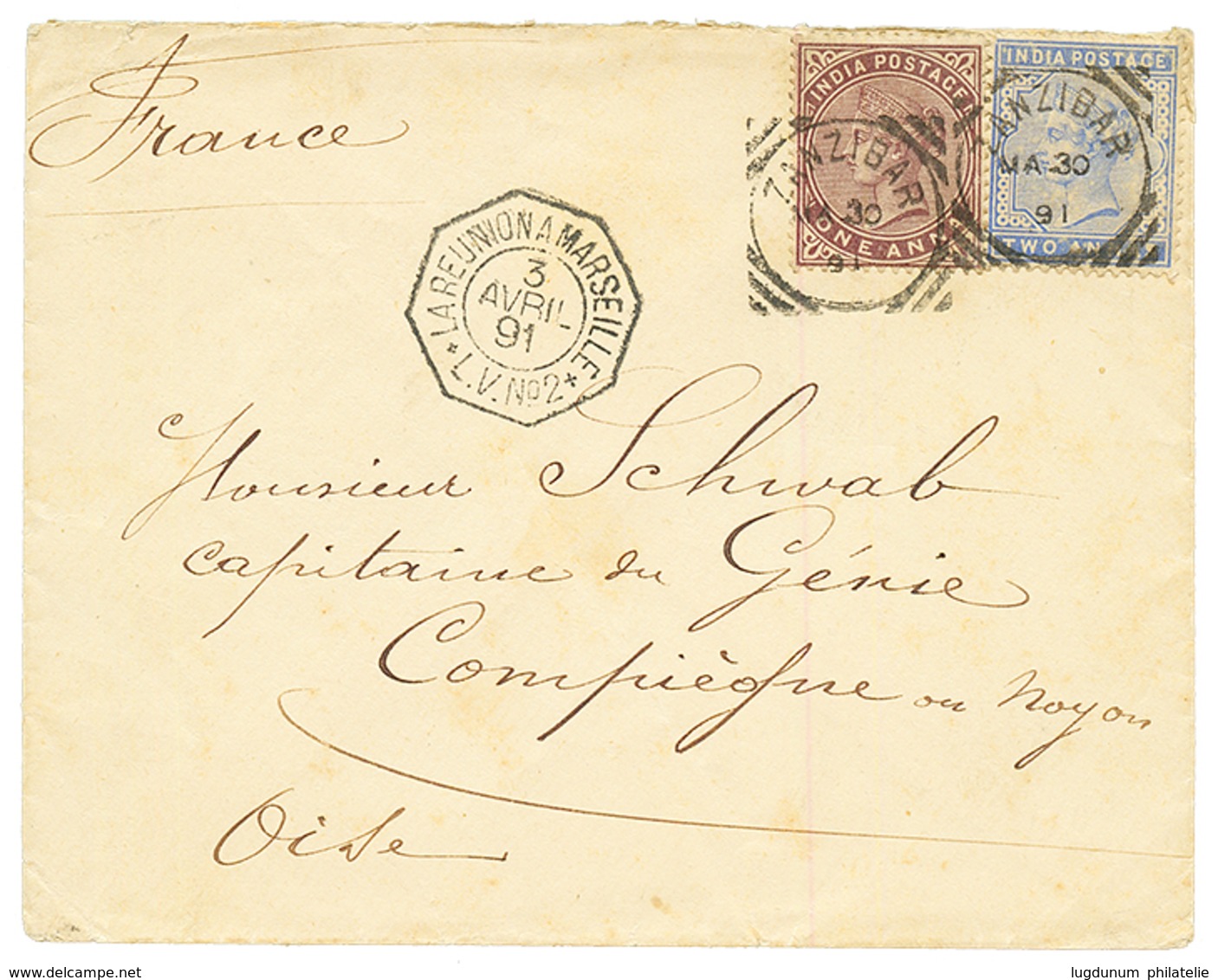 1891 INDIA 1a + 2a Canc. ZANZIBAR + LA REUNION A MARSEILLE On Envelope To FRANCE. Superb. - Other & Unclassified