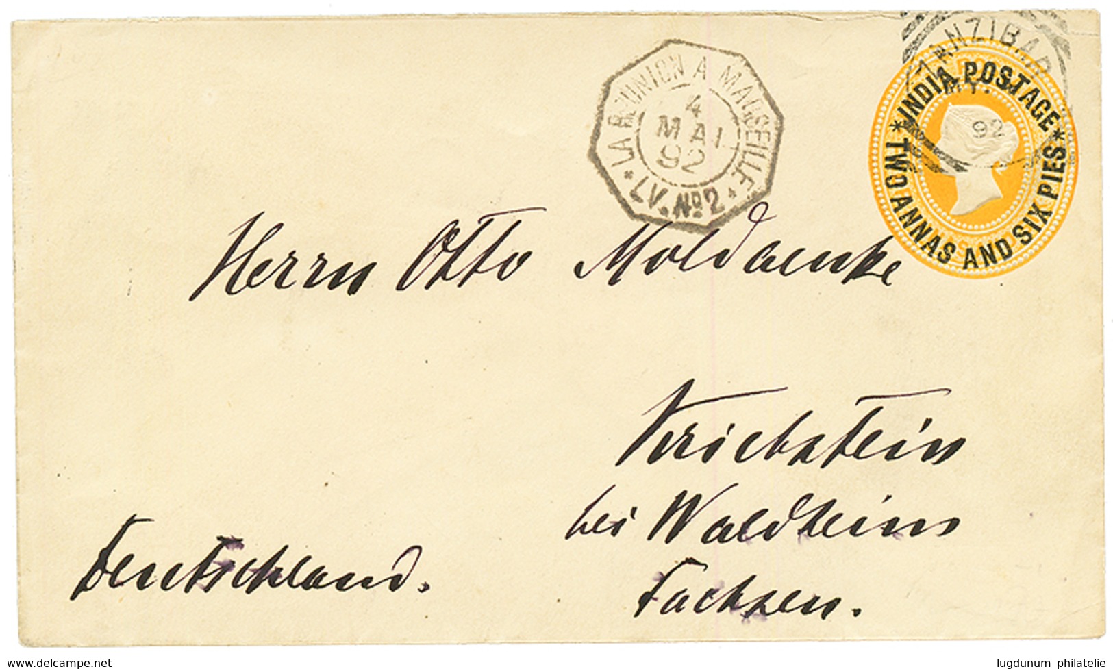 1892 INDIA P./Stat 2a 6p Canc. ZANZIBAR To GERMANY. Vvf. - Other & Unclassified