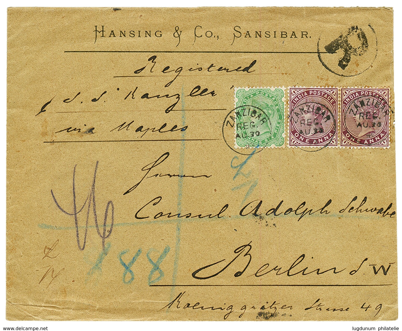 1893 INDIA 1a (x2) + 2a 6p Canc. ZANZIBAR /REG. On REGISTERED Commercial Envelope To BERLIN. RARE. Superb. - Other & Unclassified