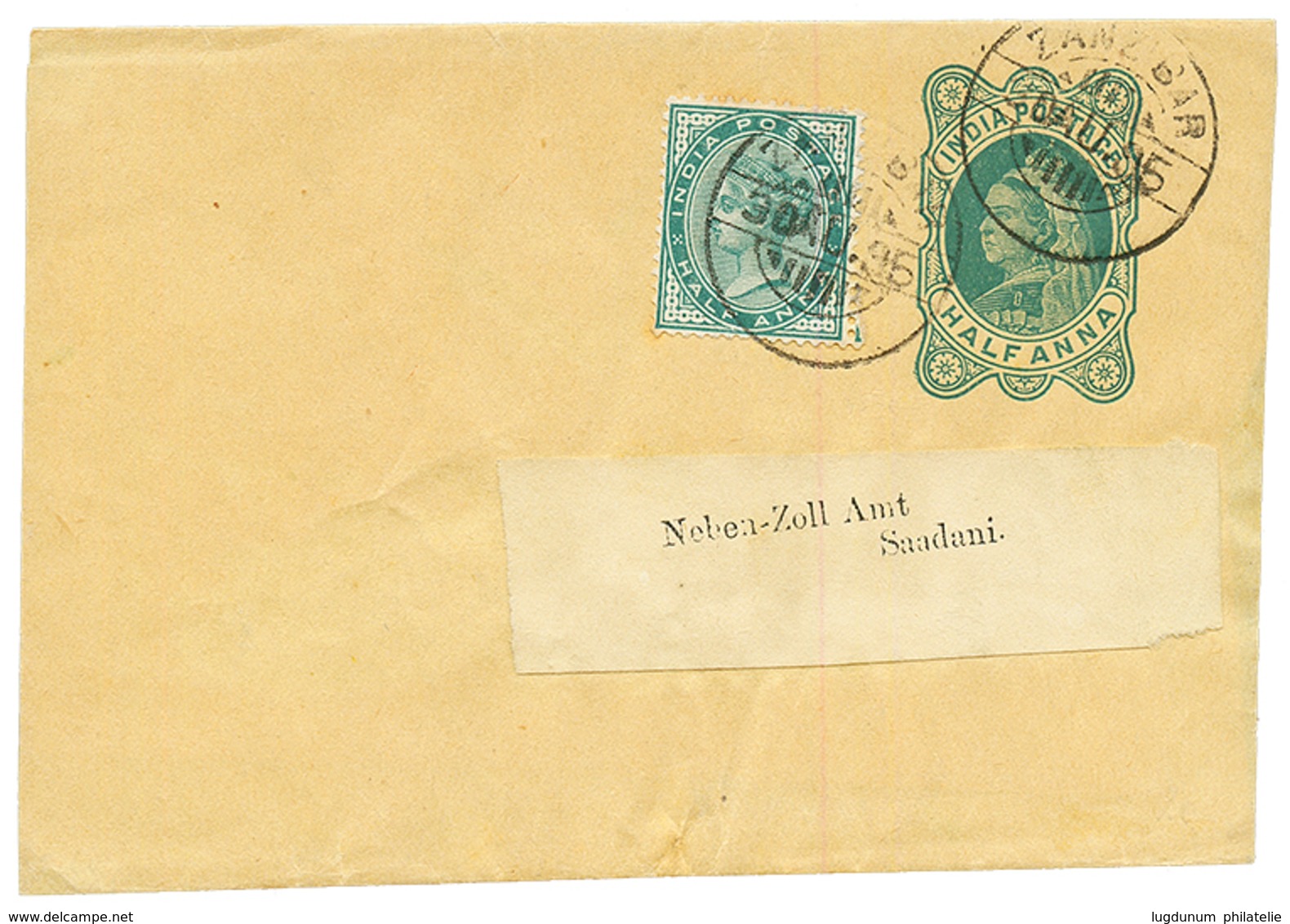 1895 INDIA P./Stat 1/2a + 1/2a Canc. ZANZIBAR To SADANI (German Cds On Reverse). Vvf. - Other & Unclassified