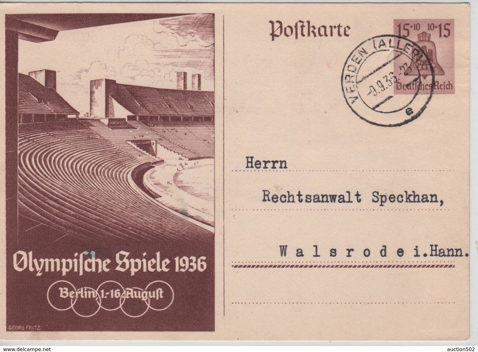 232PR/ Deutsches Reich Ganz.Pk Olympische Spiele 1936 Berlin 1-16 August  C.Verden 9/9/36 > Walsrodei.Hann - Ete 1936: Berlin