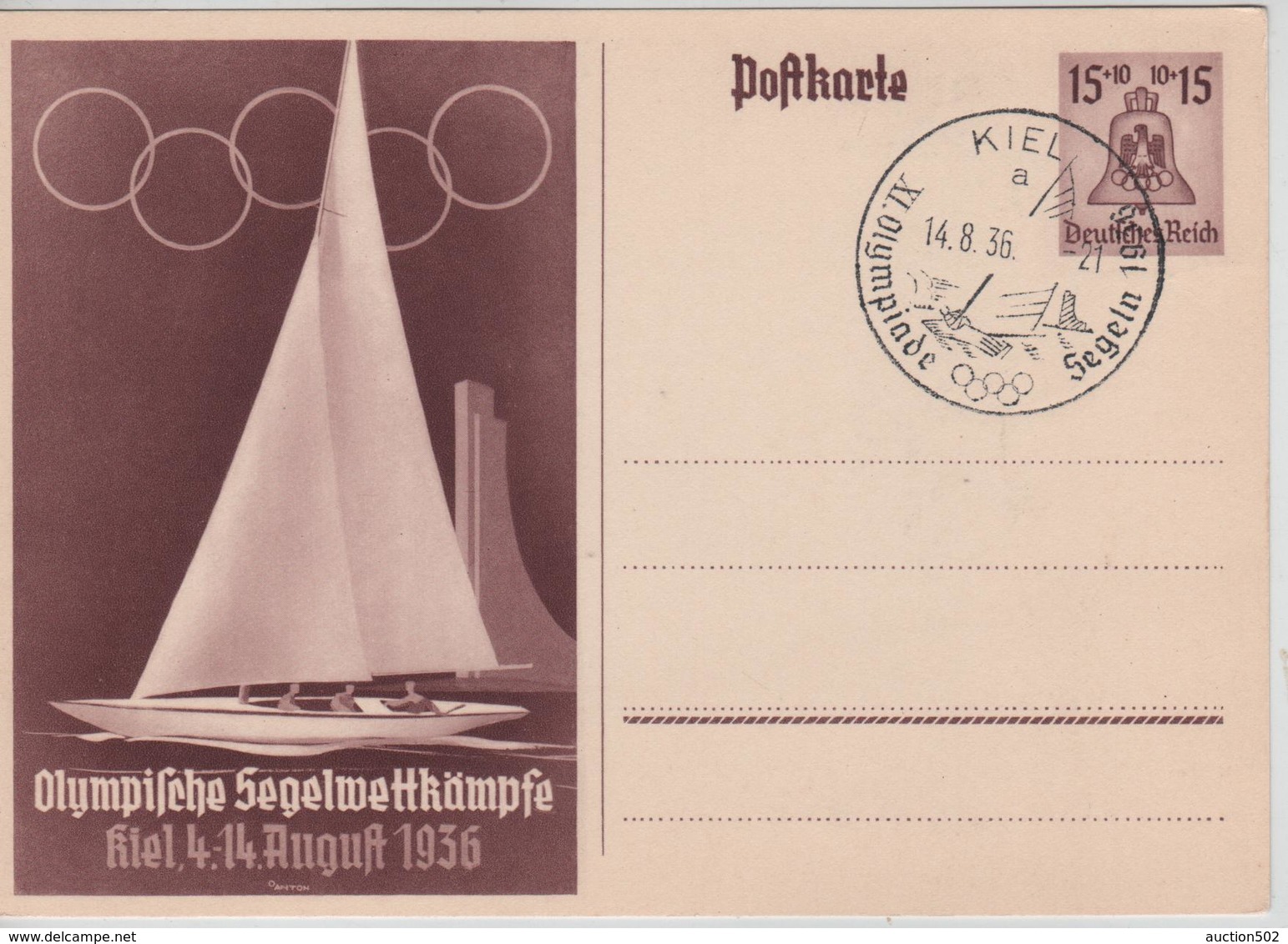 235PR/ Deutsches Reich Ganz.Pk Olympische Spiele 1936 Segelwettkämpfe C.Kiel 14/8/36 NOT CIRCULATED - Sommer 1936: Berlin