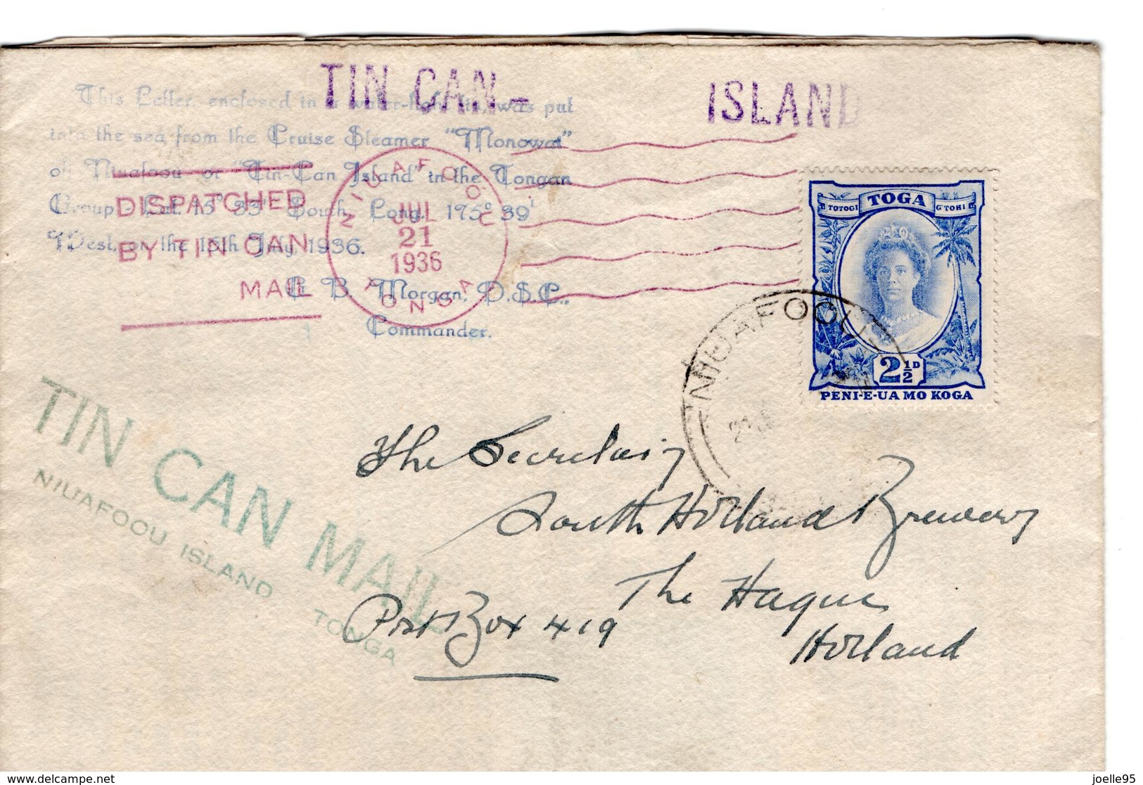 Tonga - Toga - Tin Can Mail - Niuafoou Island - Dispatched - 1936 - London Blechdosen Post - Tonga (1970-...)