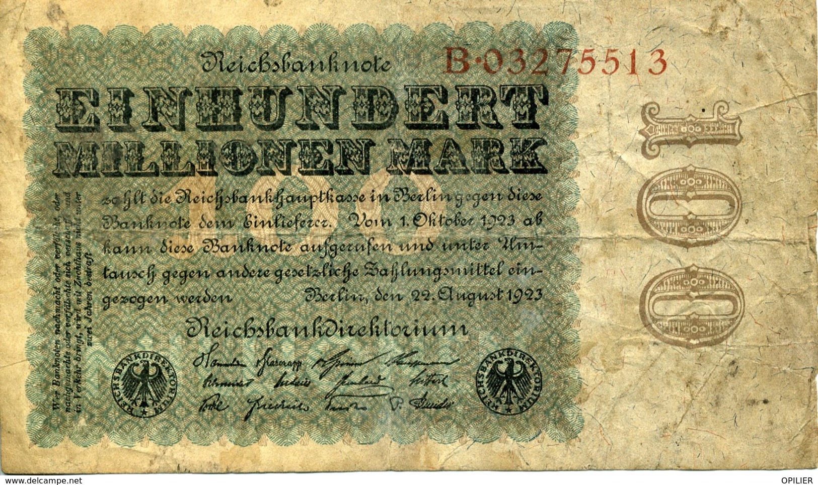 Reichsbanknote 100 000 000 Marks 29 Août 1923 Plis - 100 Millionen Mark