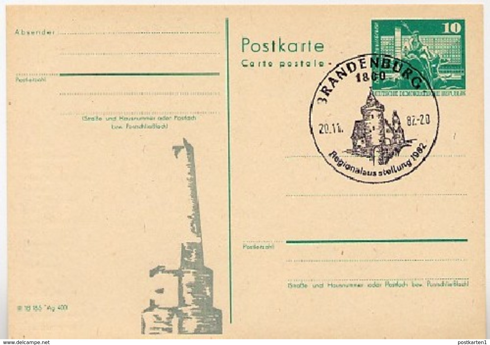 DDR P79-41-82 C209 Postkarte FARBAUSFALL SCHWARZ Postmeilensäule Sost. 1982 - Privé Postkaarten - Gebruikt