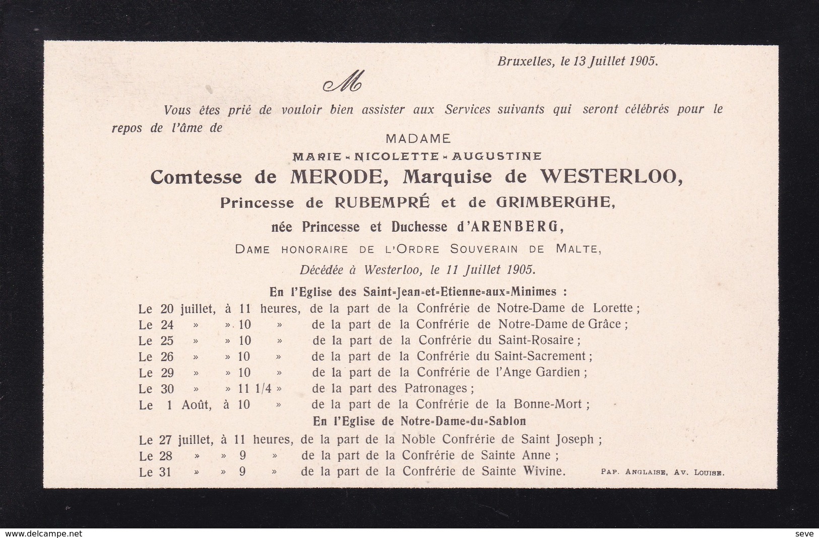 WESTERLOO WESTERLO Princesse Et Duchesse D'ARENBERG Comtesse De MERODE 1905 Avis Mortuaire A5 - Décès