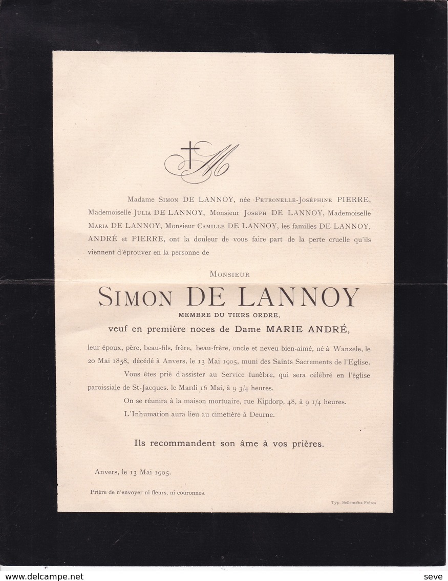 WANZELE ANVERS Simon De LANNOY Veuf ANDRE époux PIERRE 1858-1905 Faire-part Décès - Décès