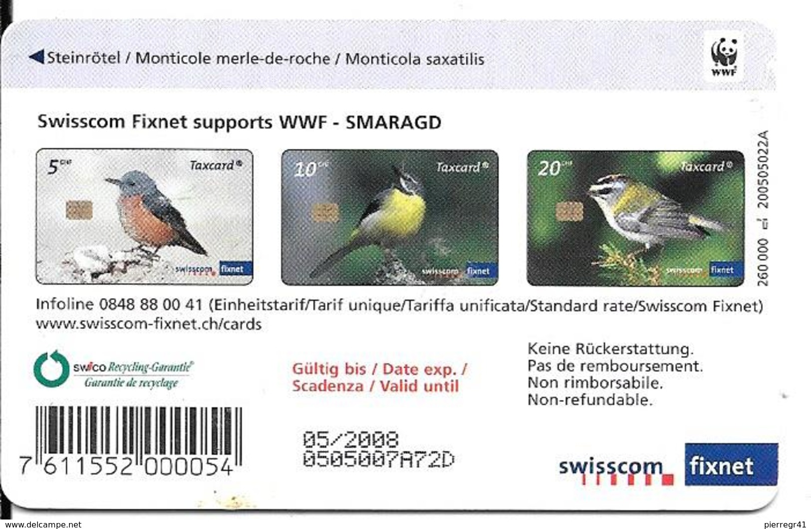 CARTE-PUCE-2008-SUISSE-5CHF-SERIE OISEAUX-MERLE DE ROCHE-TBE - Songbirds & Tree Dwellers