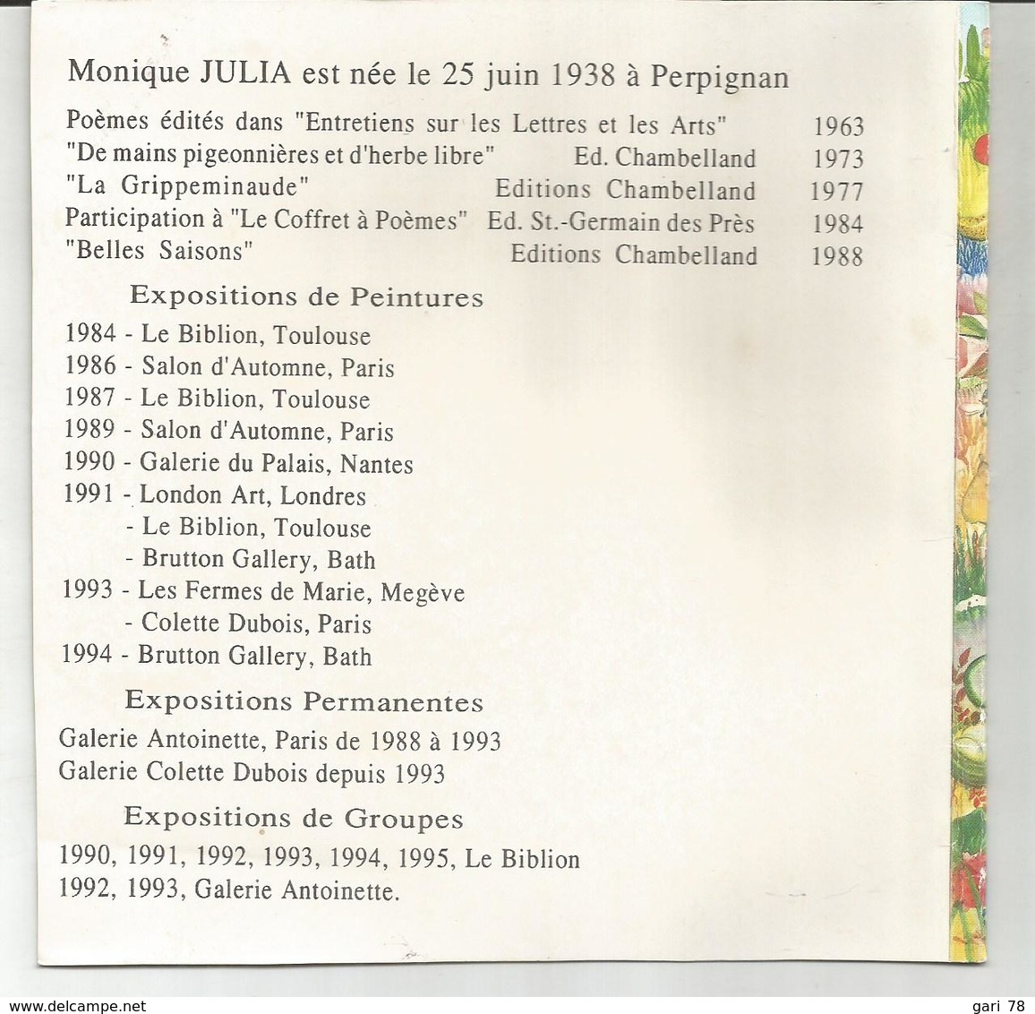 Vernissage De Monique JULIA Du 30 Mars Au 20 Avril 1996 - Autres & Non Classés