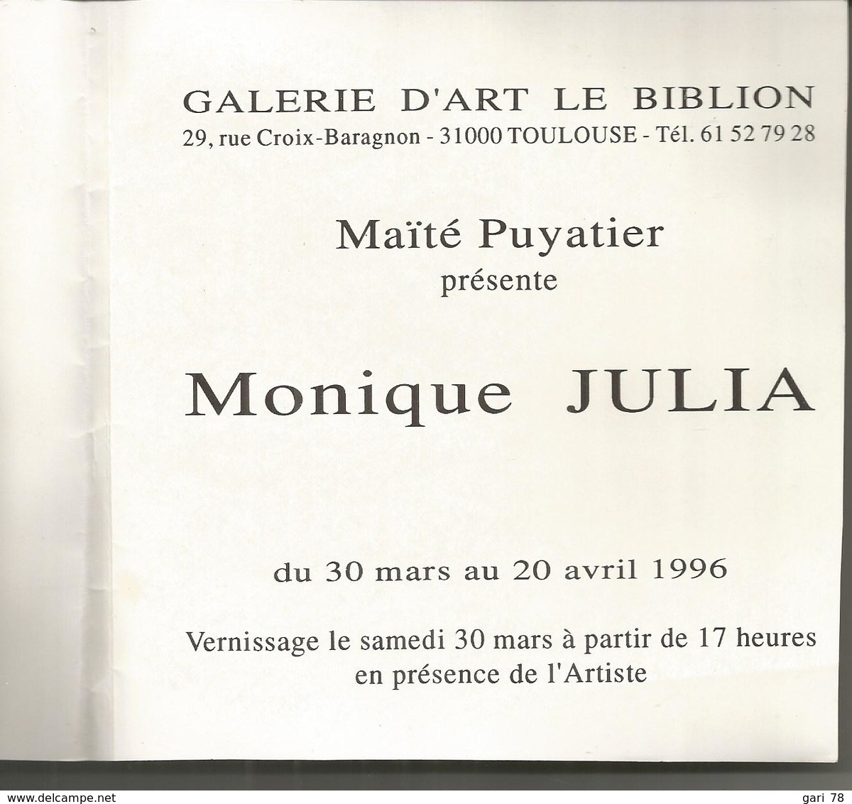 Vernissage De Monique JULIA Du 30 Mars Au 20 Avril 1996 - Autres & Non Classés