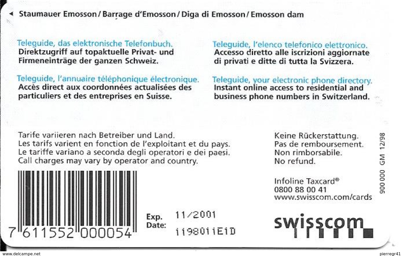 CARTE-PUCE-SUISSE-5CHF-GEM2-12/98-TAXCARD-BARRAGE EMOSSON-TBE - Schweiz