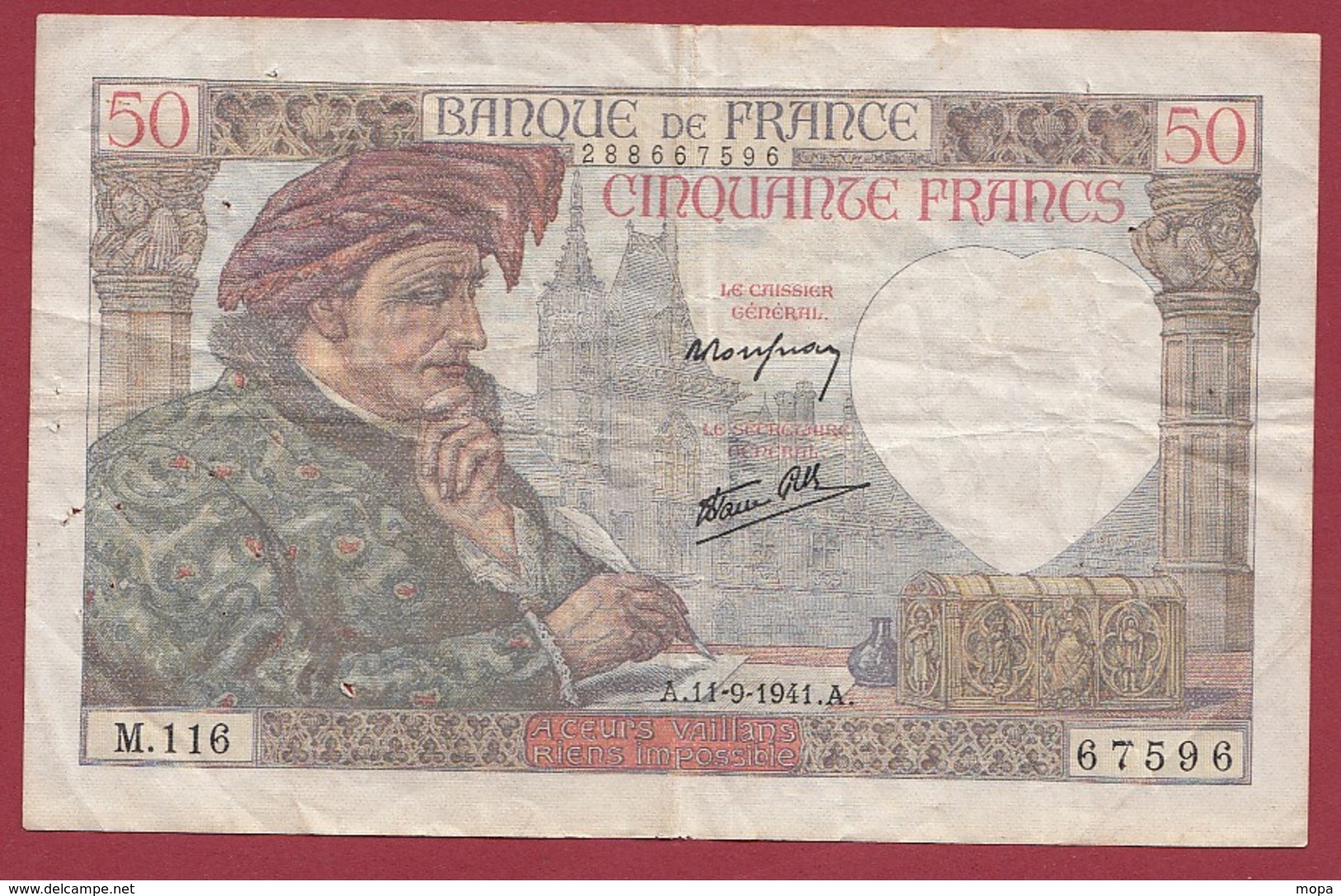 50 Francs "Jacques Coeur" Du 11/09/1941.A-----VG/TTB--ALPH.M.116 - 50 F 1940-1942 ''Jacques Coeur''