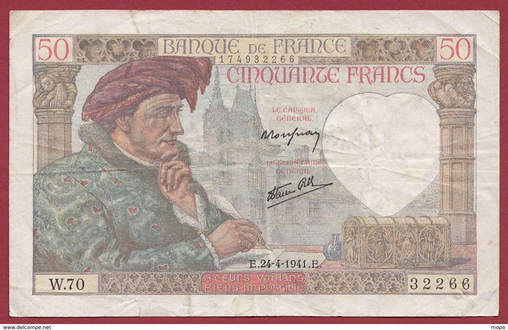 50 Francs "Jacques Coeur" Du 24/04/1941.E-----VG/TTB--ALPH.W.70 - 50 F 1940-1942 ''Jacques Coeur''