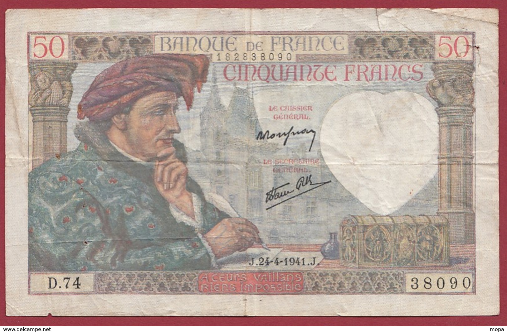 50 Francs "Jacques Coeur" Du 24/04/1941.J-----G/TB+--ALPH.D.74 - 50 F 1940-1942 ''Jacques Coeur''