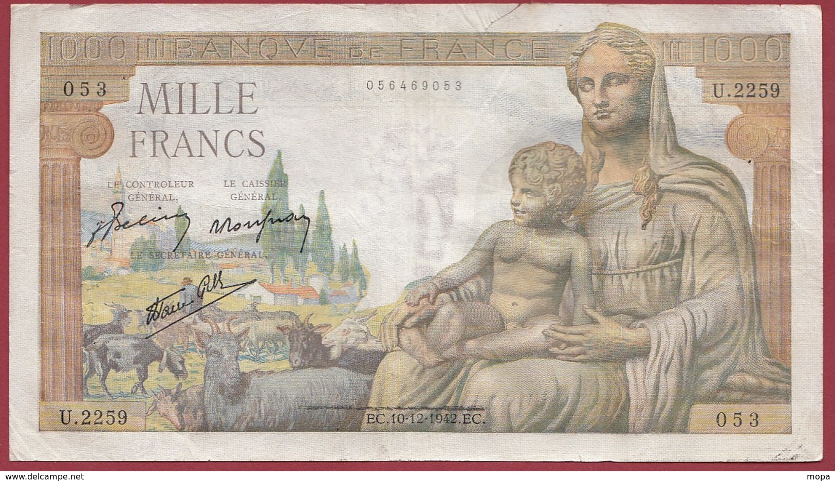 1000 Francs "Déesse Déméter" Du 10/12/1942.E.C----F/TTB--ALPH.U.2259---COUPURE A 12H00 - 1 000 F 1942-1943 ''Déesse Déméter''