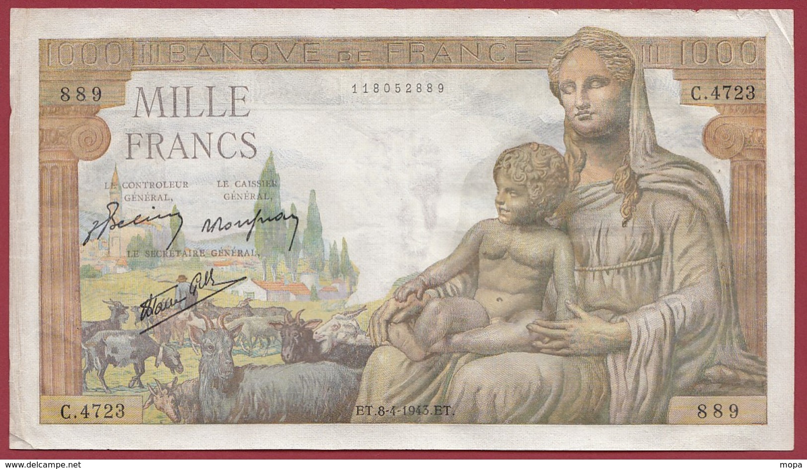 1000 Francs "Déesse Déméter" Du 08/04/1943.E.T----F/TTB--ALPH.C.4723 - 1 000 F 1942-1943 ''Déesse Déméter''