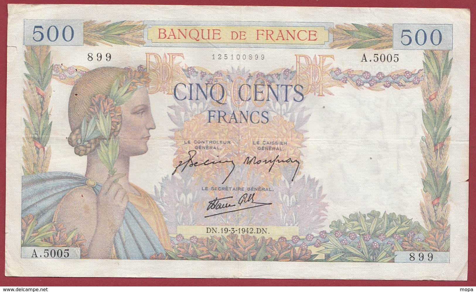 50 Francs "La Paix"--du 19/03/1942.DN----F/TTB+--ALPH.A.5005 - 500 F 1940-1944 ''La Paix''