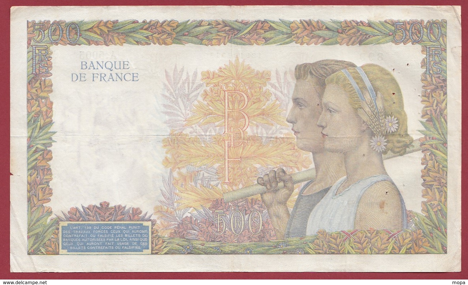 50 Francs "La Paix"--du 19/03/1942.DN----F/TTB+--ALPH.A.5005 - 500 F 1940-1944 ''La Paix''