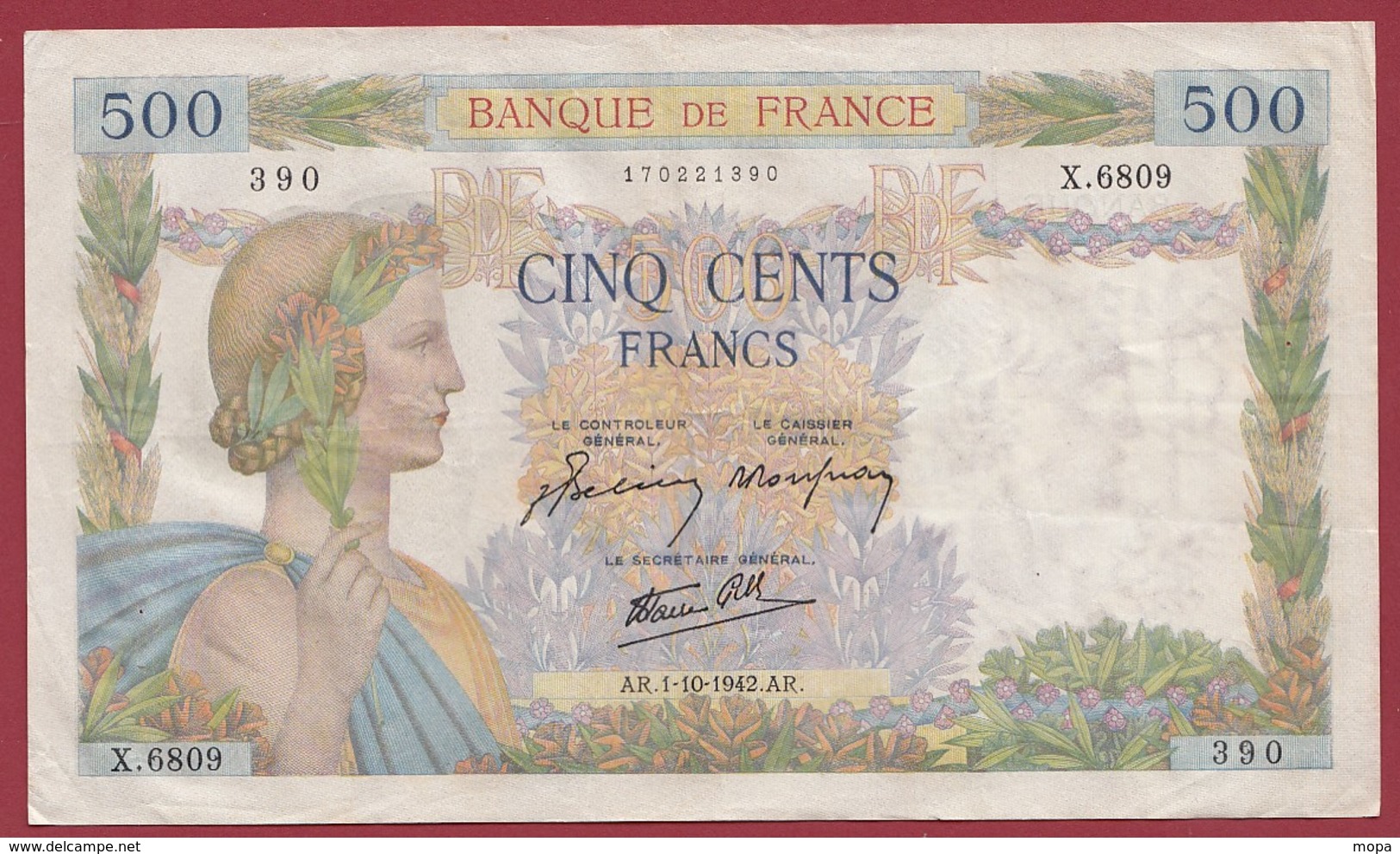 50 Francs "La Paix"--du 01/10/1942.AR----F/TTB+--ALPH.X.6809 - 500 F 1940-1944 ''La Paix''