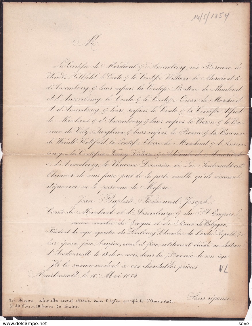 AMSTENRAEDT Jean-Baptiste Comte  De MARCHANT Et D'ANSEMBOURG 73 Ans 1854  Congrès National SENAT - Décès