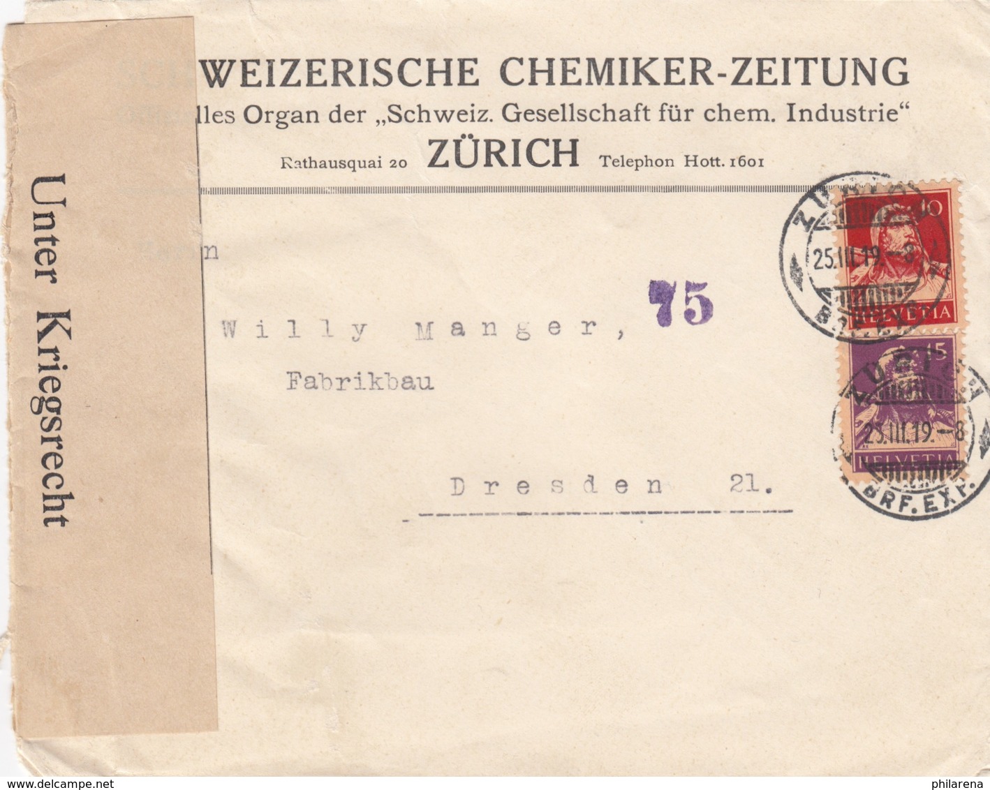 1919: Zürich Nach Dresden, Unter Kriegsrecht Geöffnet - Sonstige & Ohne Zuordnung