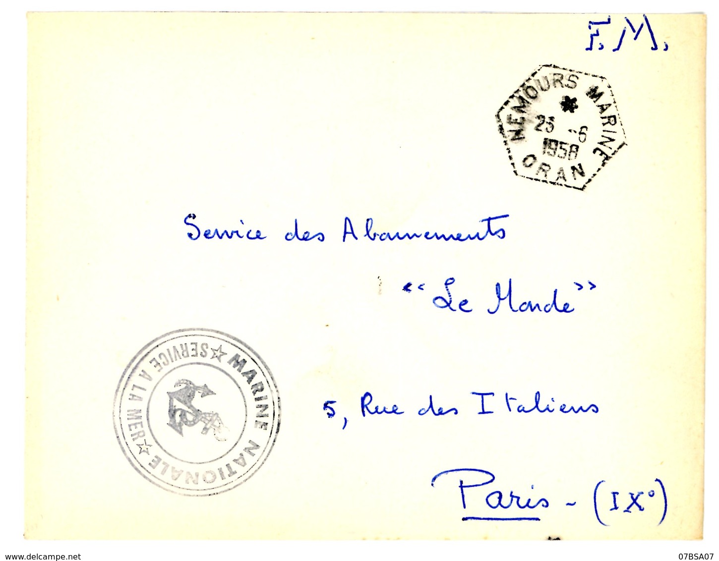 ALGERIE ENV 1958 NEMOURS MARINE ORAN NON CITE AU BOSC AGENCE POSTALE MARINE FM LETTRE AVION - Lettres & Documents