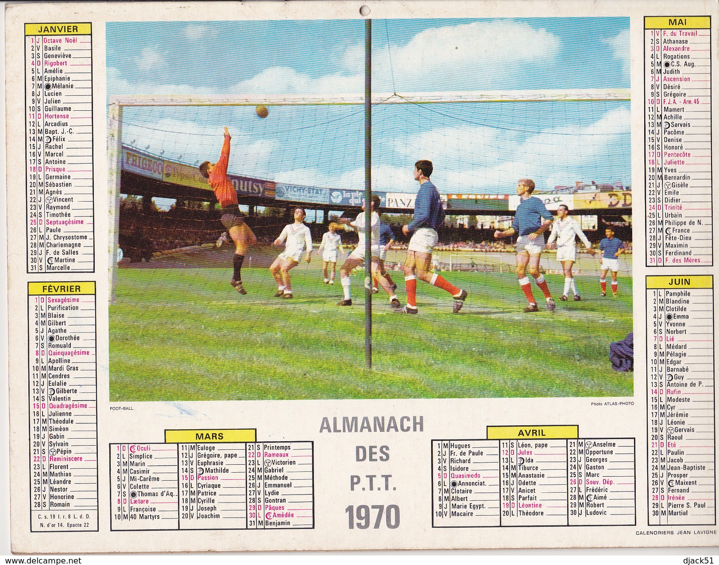 Calendrier 1970 ALMANACH Des P.T.T. / FOOT-BALL / DANSE BASQUE / MARNE 51 - Grand Format : 1961-70