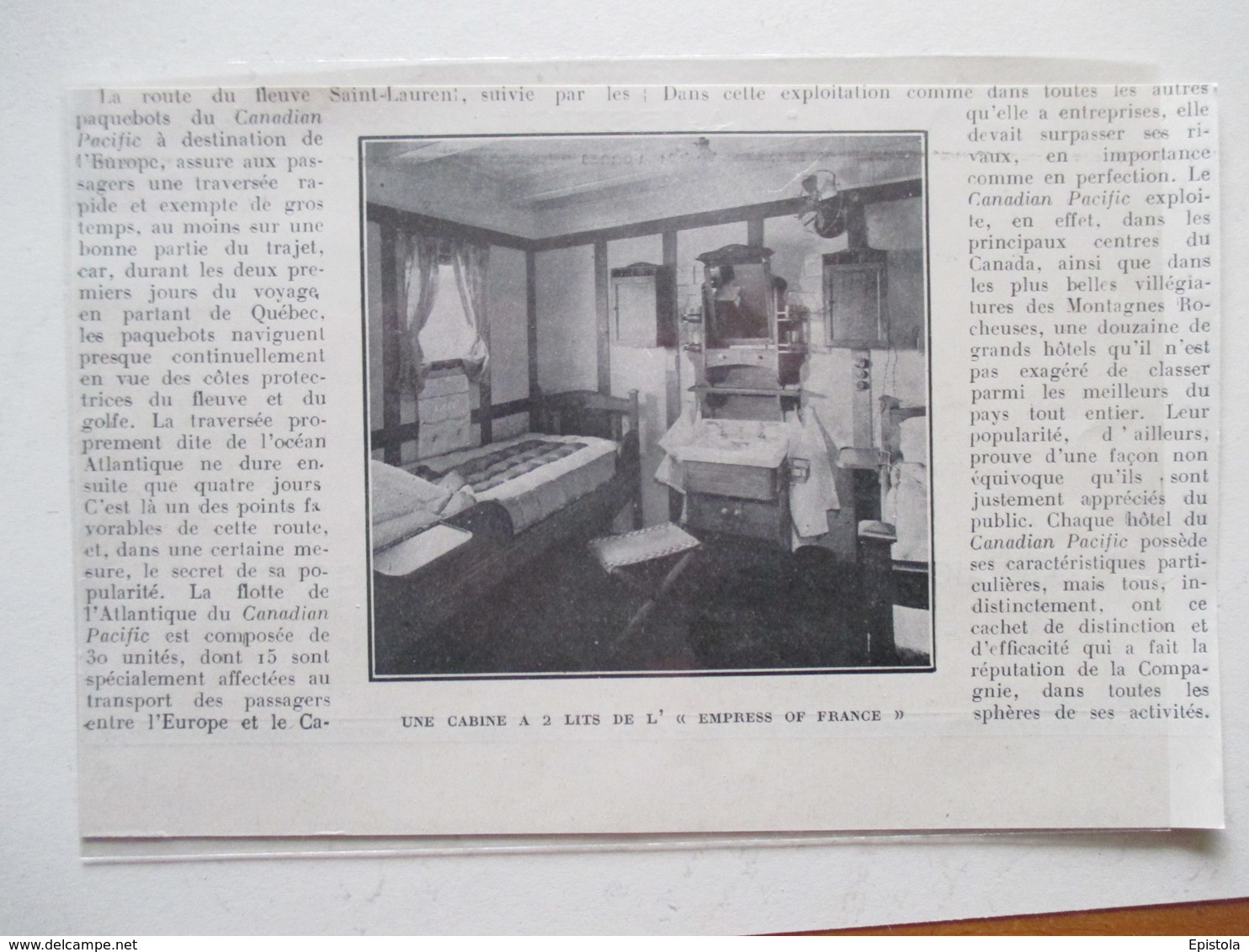 Canadian Pacific Steamship  Paquebot RMS Empress Of France - Une Cabine -  Coupure De Presse 1926 - Maritime Decoration