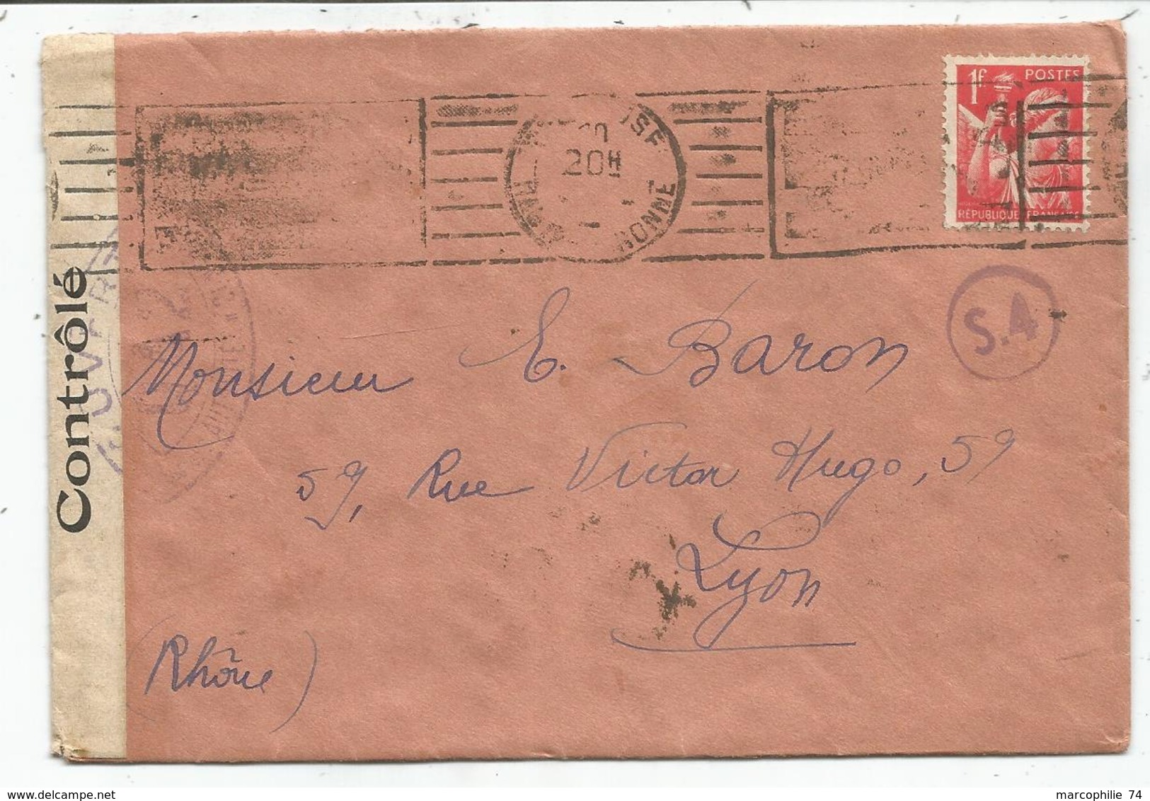 IRIS 1FR ROUGE LETTRE MEC GRATTEE TOULOUSE 1941 POUR LYON CENSURE QA2 - WW II