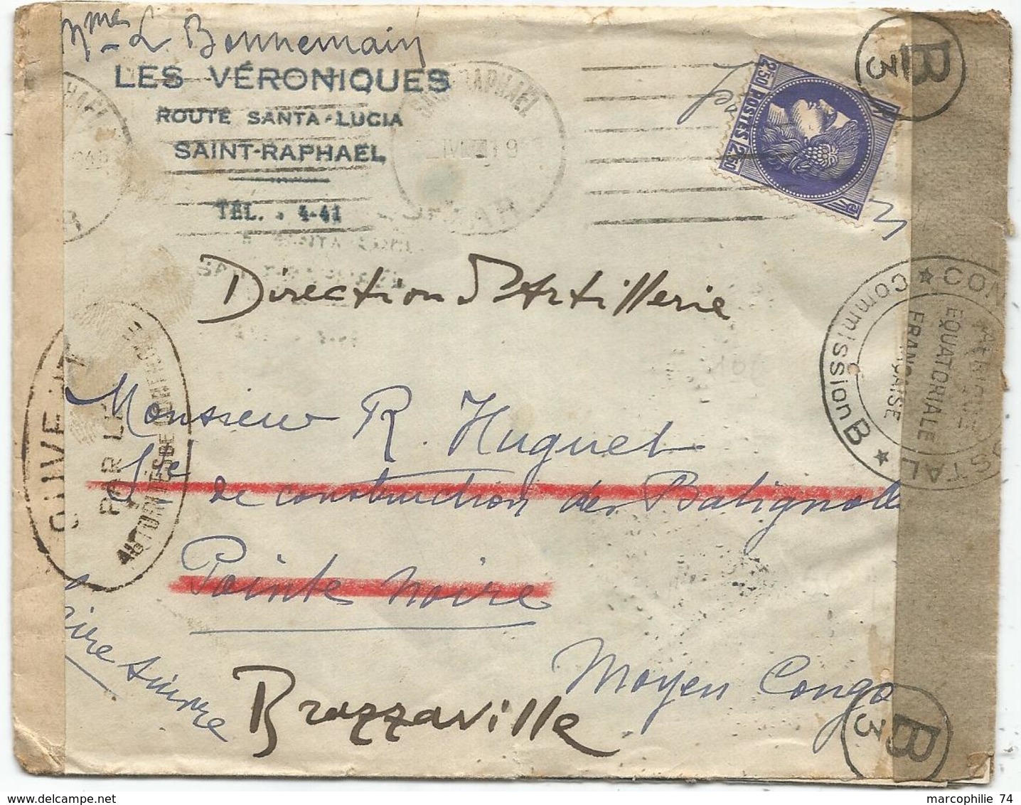 CERES 2FR50 LETTRE SAINT RAPHAEL VAR 1941 POUR POINTE NOIRE REEXP BRAZZAVILLE + CENSURE - Guerra Del 1939-45