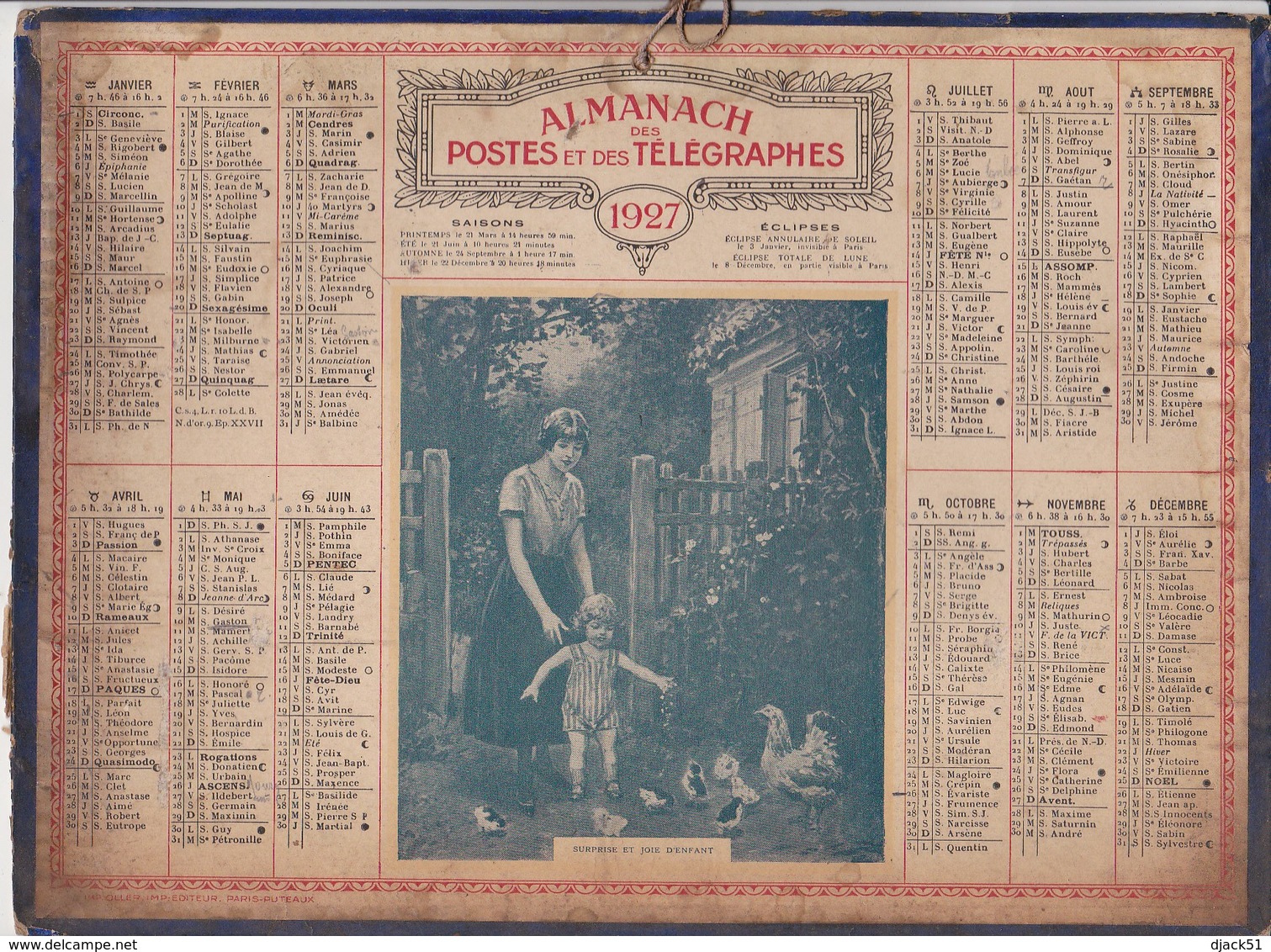 Calendrier 1927 ALMANACH Des Postes Et DesTélégraphes / SURPRISE ET JOIE D'ENFANT (Basse-cour) - Grand Format : 1921-40